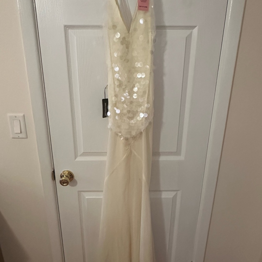 PrettyLittleThing Cream Sequin Backless Dress